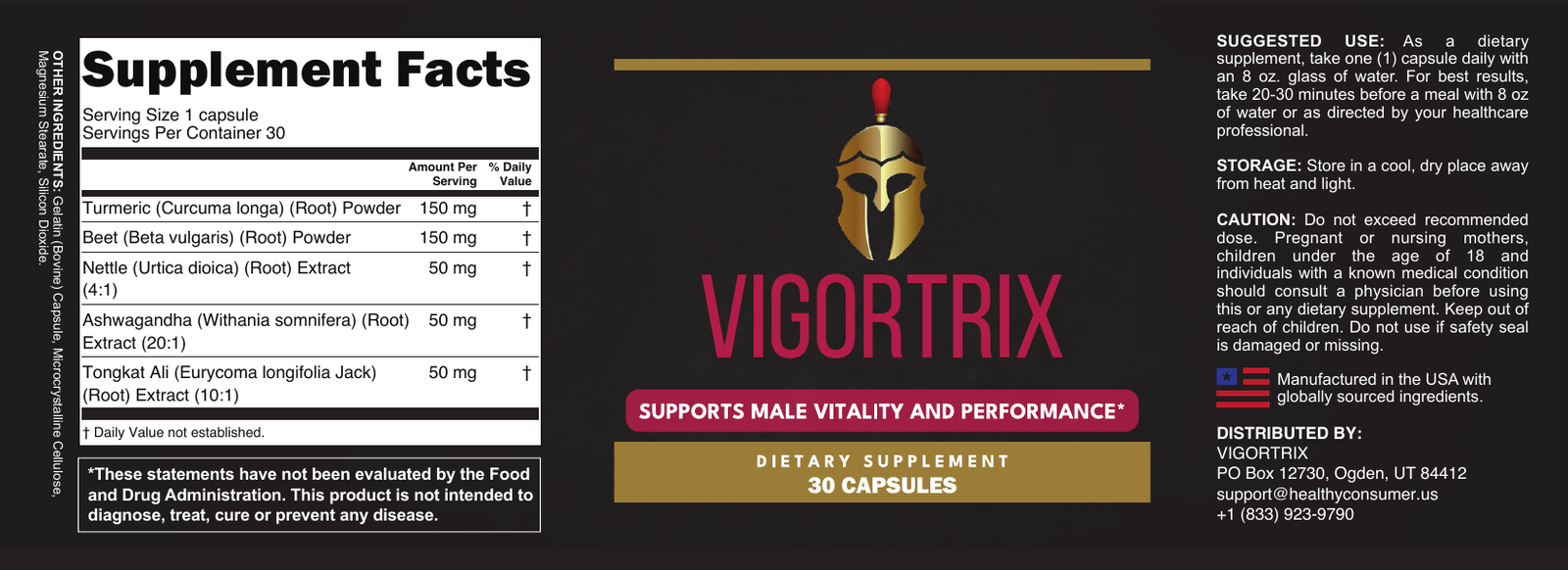 VigorTrix Supplement Facts — full product label, 30 capsules